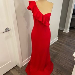 Calvin Klein Ruffled One Shoulder Gown / Red Dress